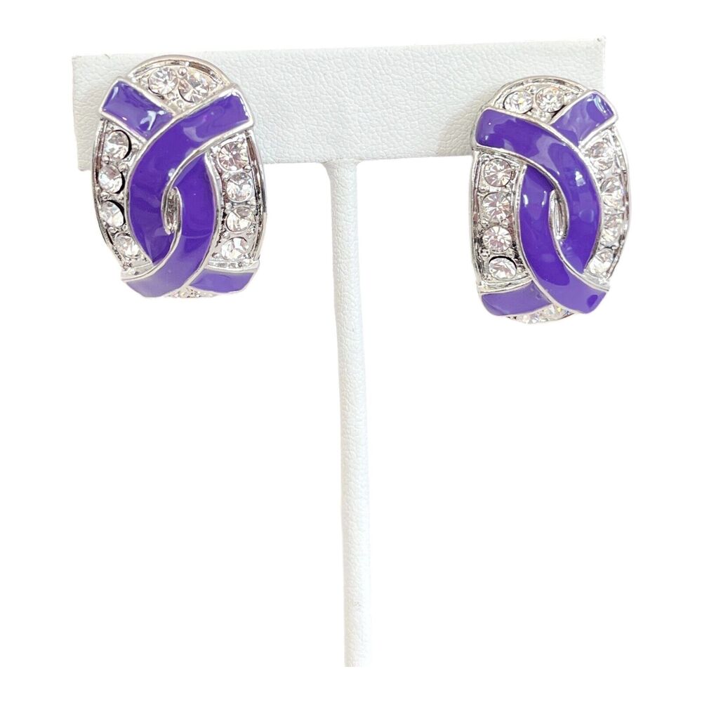 Vintage 1980s Enamel Crystal Earrings Purple Rhinestone Silver Tone Clip - 8R